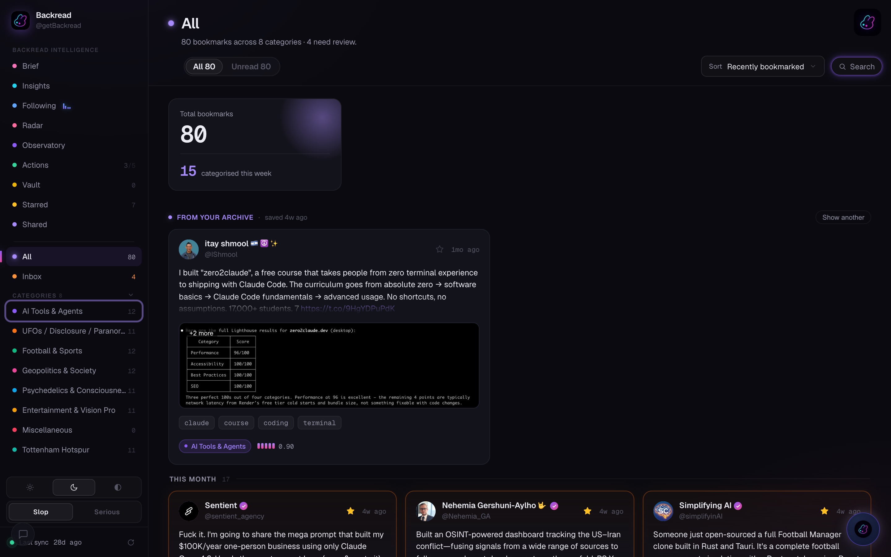 The Backread wall — every save organised into your niches