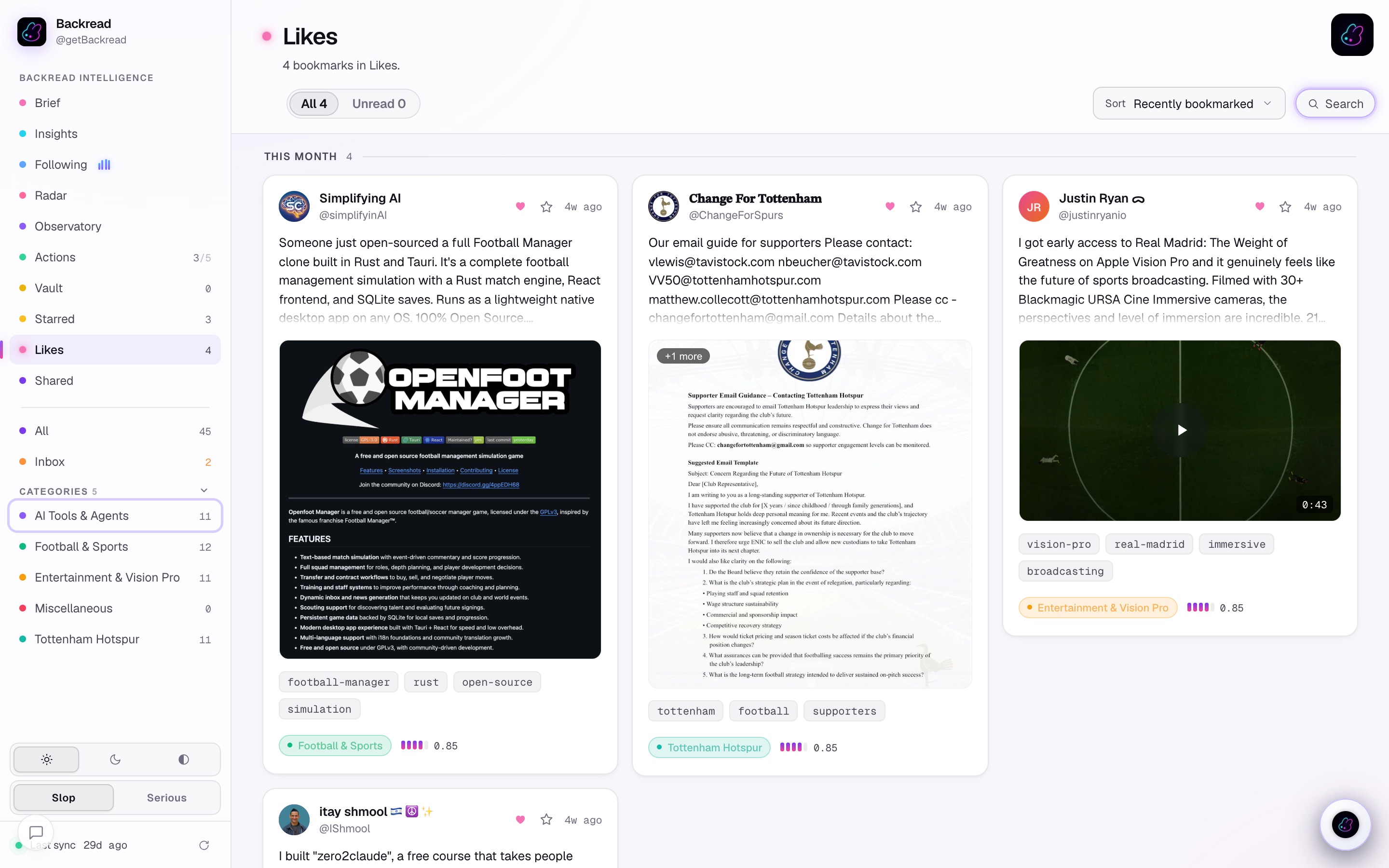 The Likes view — everything you ever liked, filed into your niches