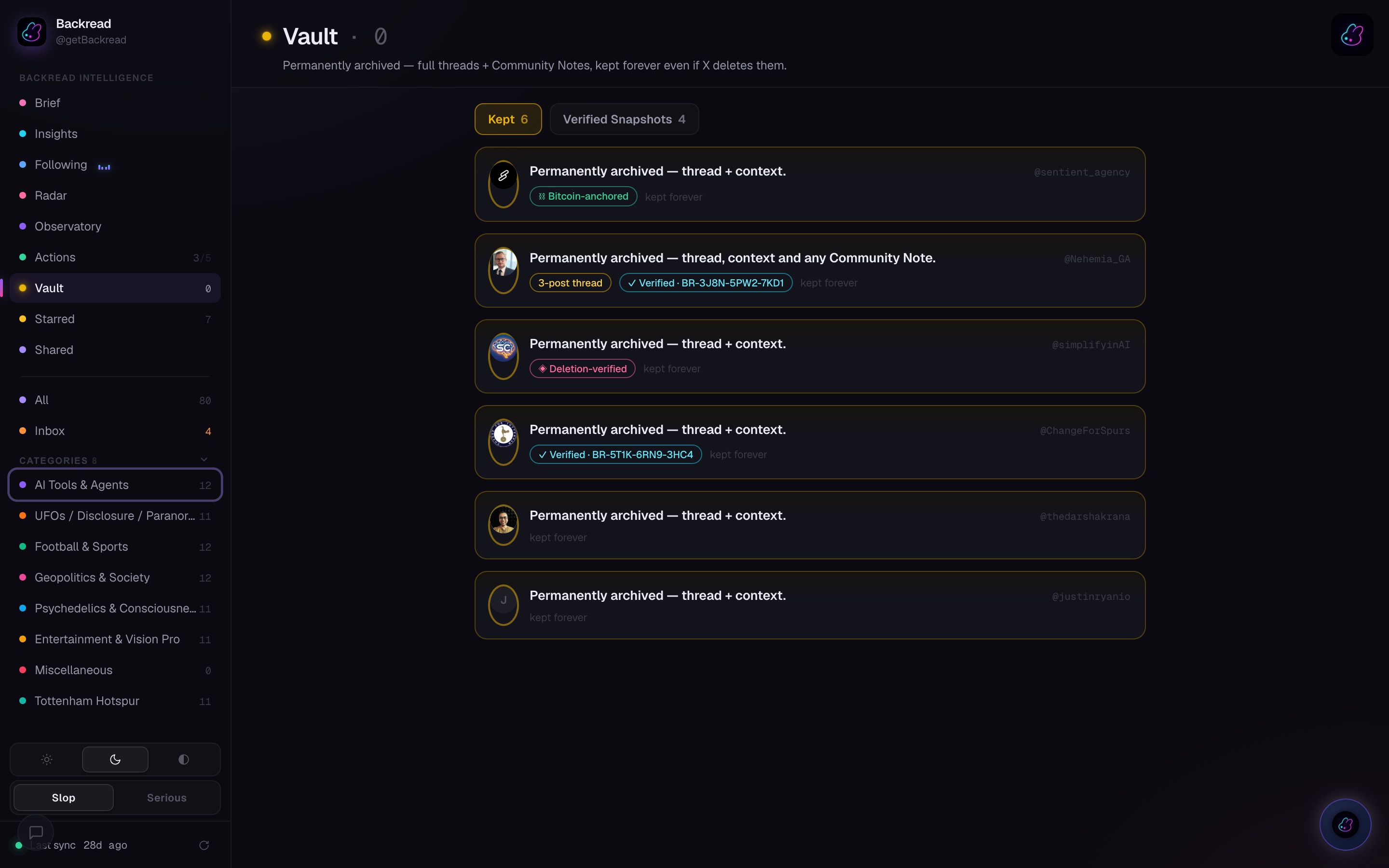 The Vault — verified snapshots kept forever